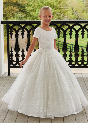 Short Sleeves Ivory Lace Keyhole Back Long Flower Girl Dress
